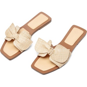 LAICIGO Womens Slip on Bow Sandals Dressy Comfortable Flat Sandals Square Toe Summer Slides(Apricot)