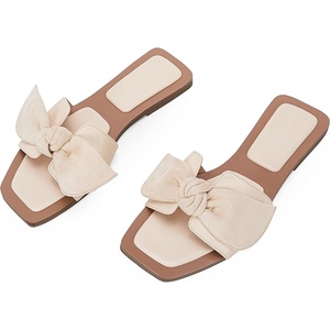 LAICIGO Womens Slip on Bow Sandals Dressy Comfortable Flat Sandals Square Toe Summer Slides(Beige)