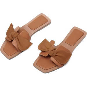 LAICIGO Womens Slip on Bow Sandals Dressy Comfortable Flat Sandals Square Toe Summer Slides(Brown)