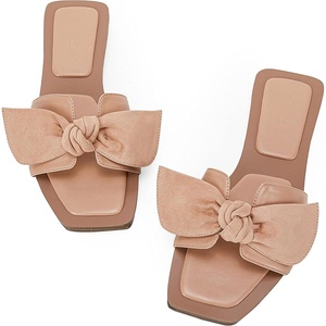 LAICIGO Womens Slip on Bow Sandals Dressy Comfortable Flat Sandals Square Toe Summer Slides(Camel)