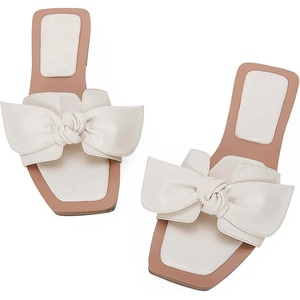 LAICIGO Womens Slip on Bow Sandals Dressy Comfortable Flat Sandals Square Toe Summer Slides(Cream White Pu)