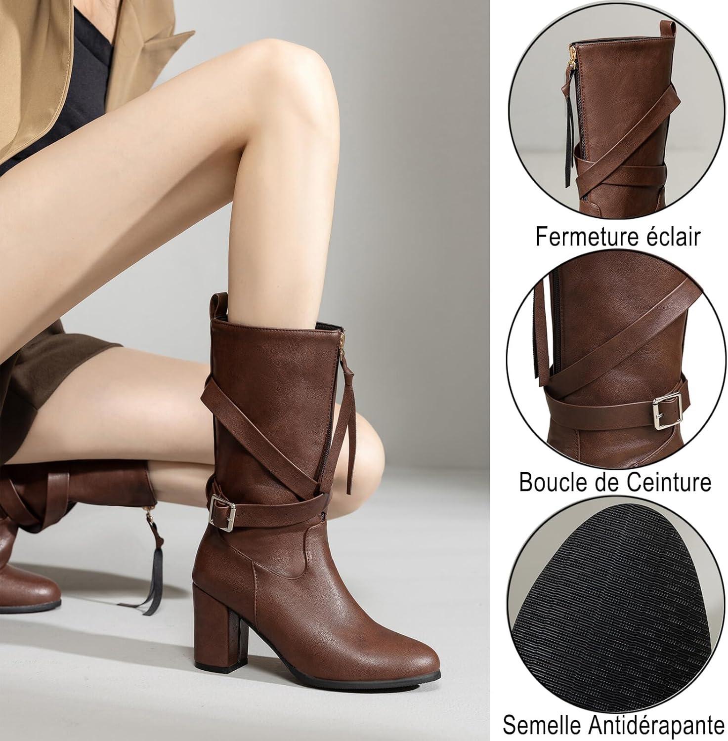 imageBottes Western Femme Hiver Talon Haut Carr Zip 3352Beige Elgante