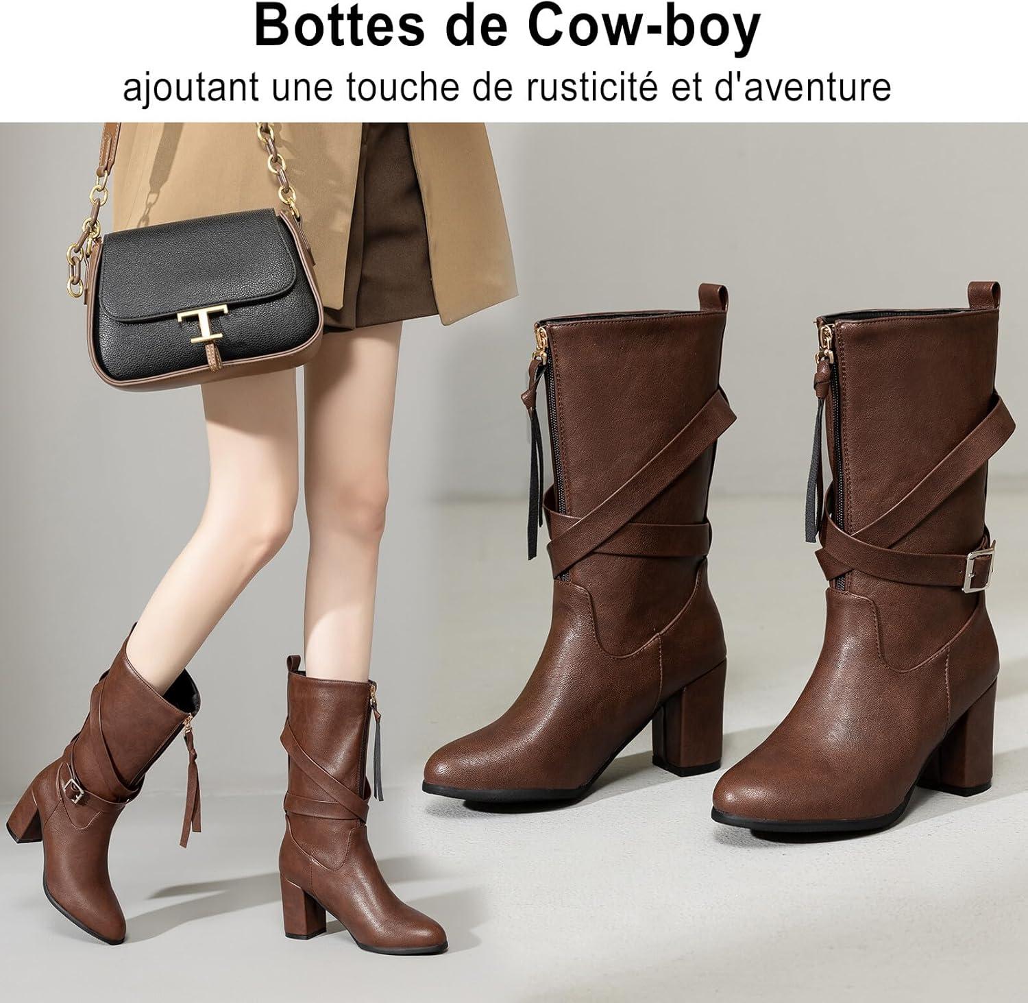 imageBottes Western Femme Hiver Talon Haut Carr Zip 3352Beige Elgante