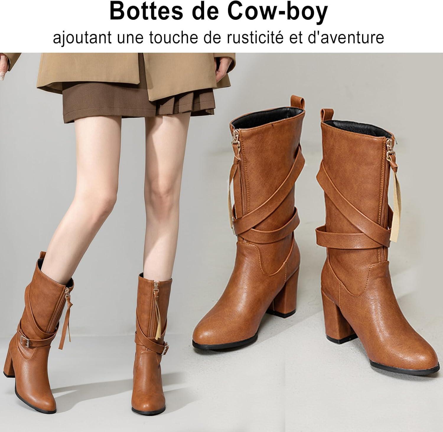 imageBottes Western Femme Hiver Talon Haut Carr Zip 3352Marron Camel