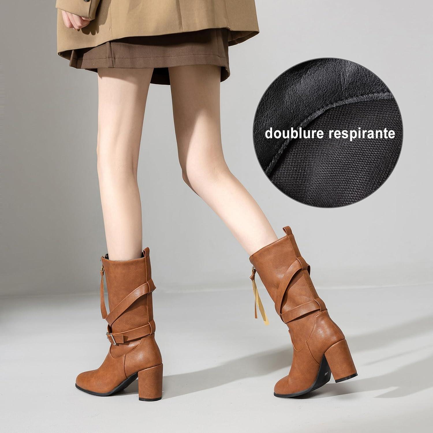 imageBottes Western Femme Hiver Talon Haut Carr Zip 3352Marron Camel