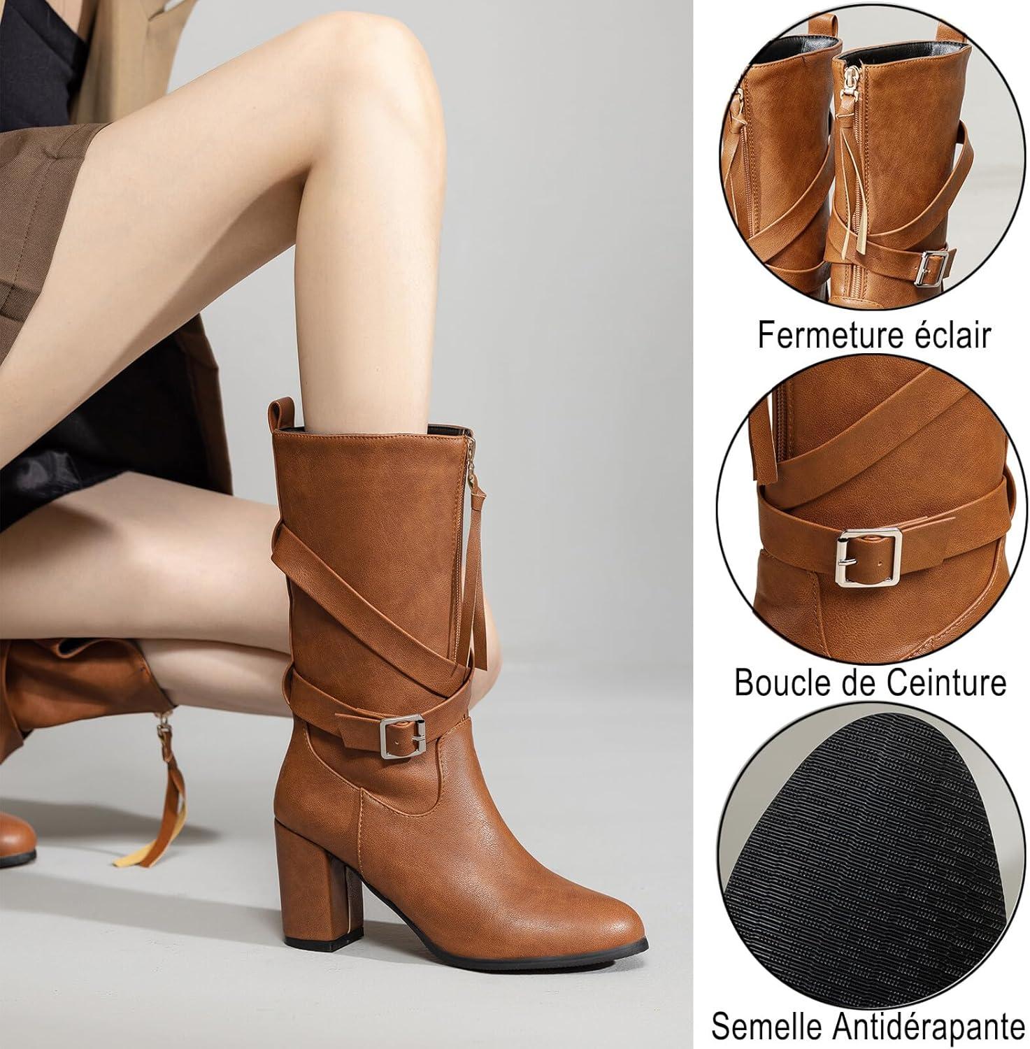imageBottes Western Femme Hiver Talon Haut Carr Zip 3352Marron Camel