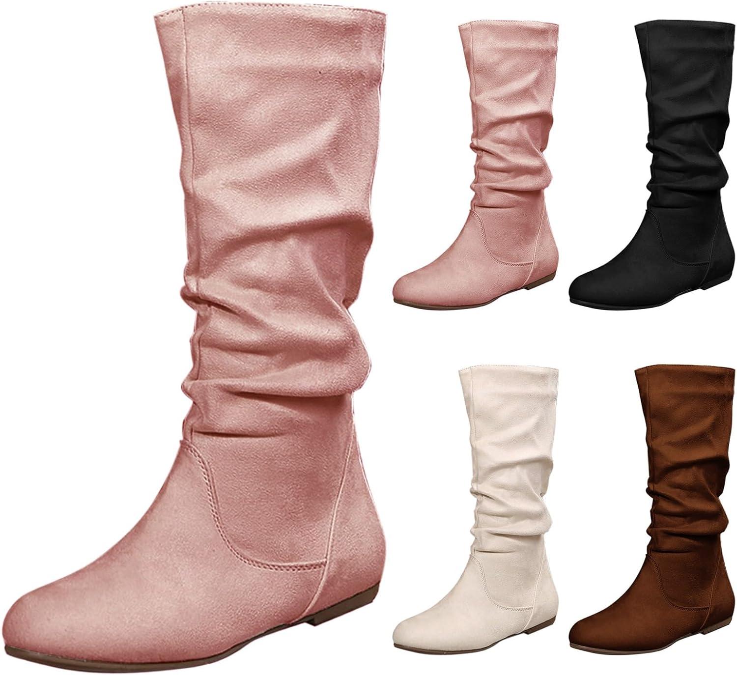 imageBottes tendance en daim pour femmes Bottes de cowboy pour femmes en couleur unie avec plis Style britannique Bottes moyennes semelle plate Chaussures lgantes Bottes western Bottes dhiverRose