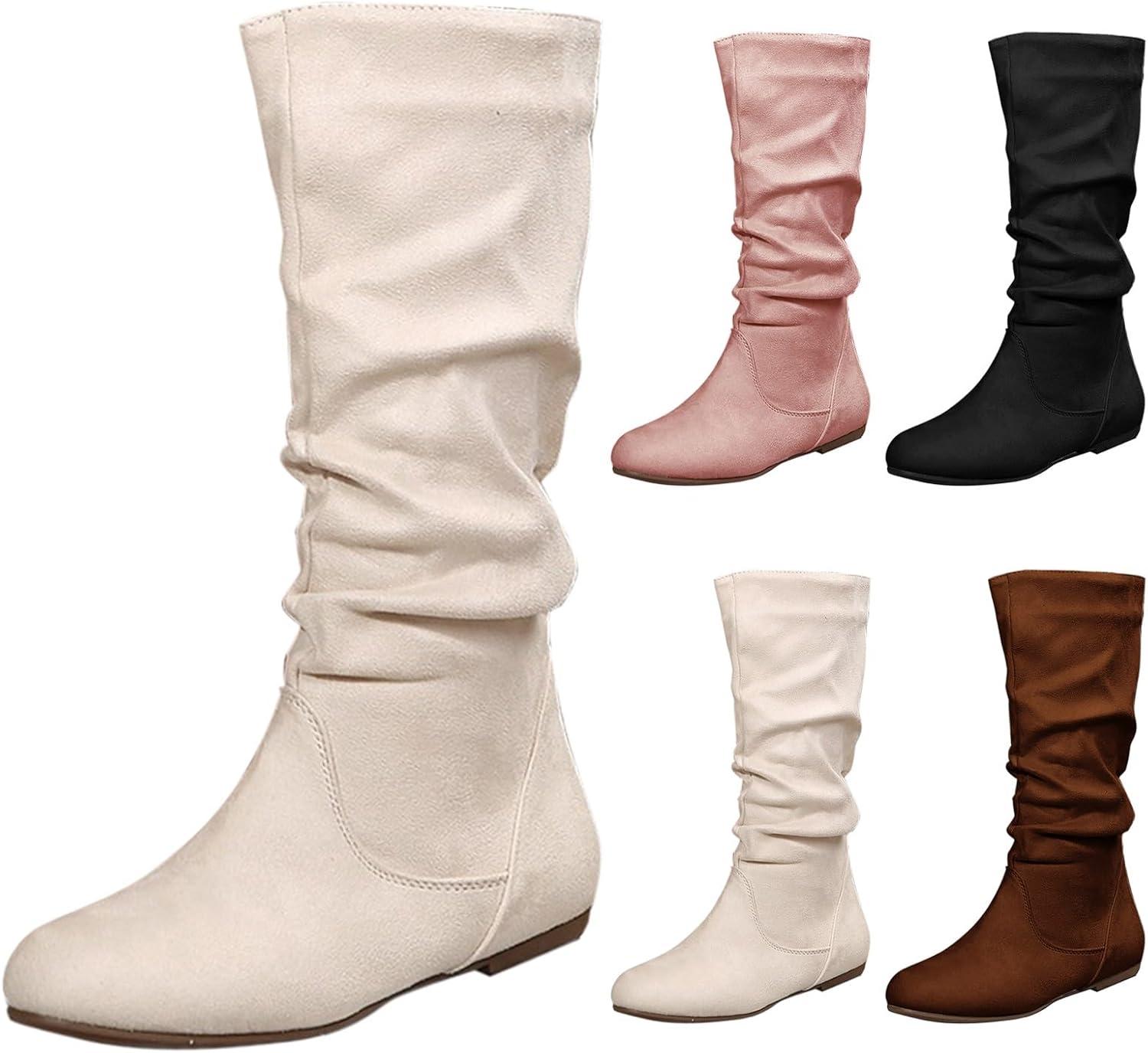 imageBottes tendance en daim pour femmes Bottes de cowboy pour femmes en couleur unie avec plis Style britannique Bottes moyennes semelle plate Chaussures lgantes Bottes western Bottes dhiverBlanc