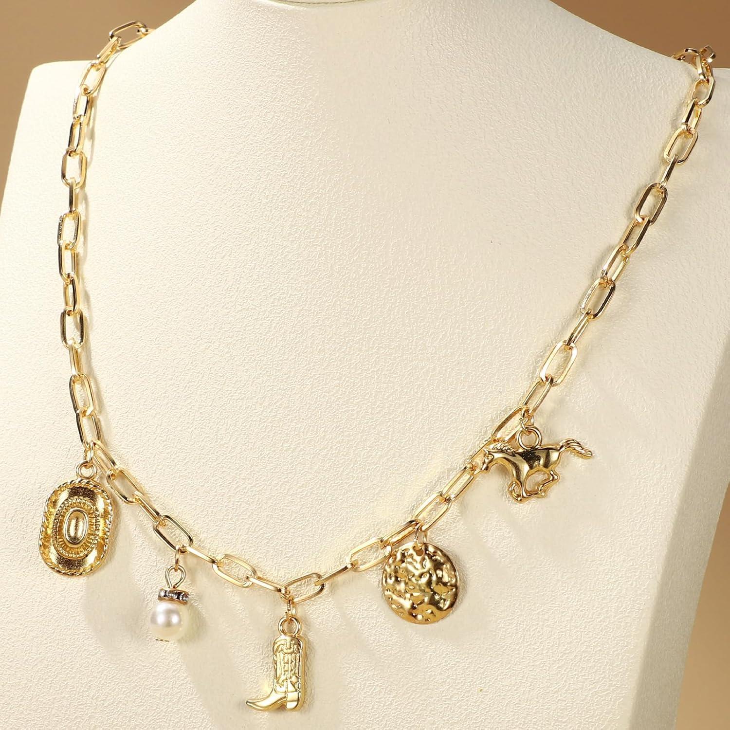 imageCowboy Western Collier ampamp Bracelet Set pour Femmes Or Alliage Collier Pendentif Chapeau Cowboy Botte Tendance Bijoux Thme CowGirl pour Concerts Country Tenues Western