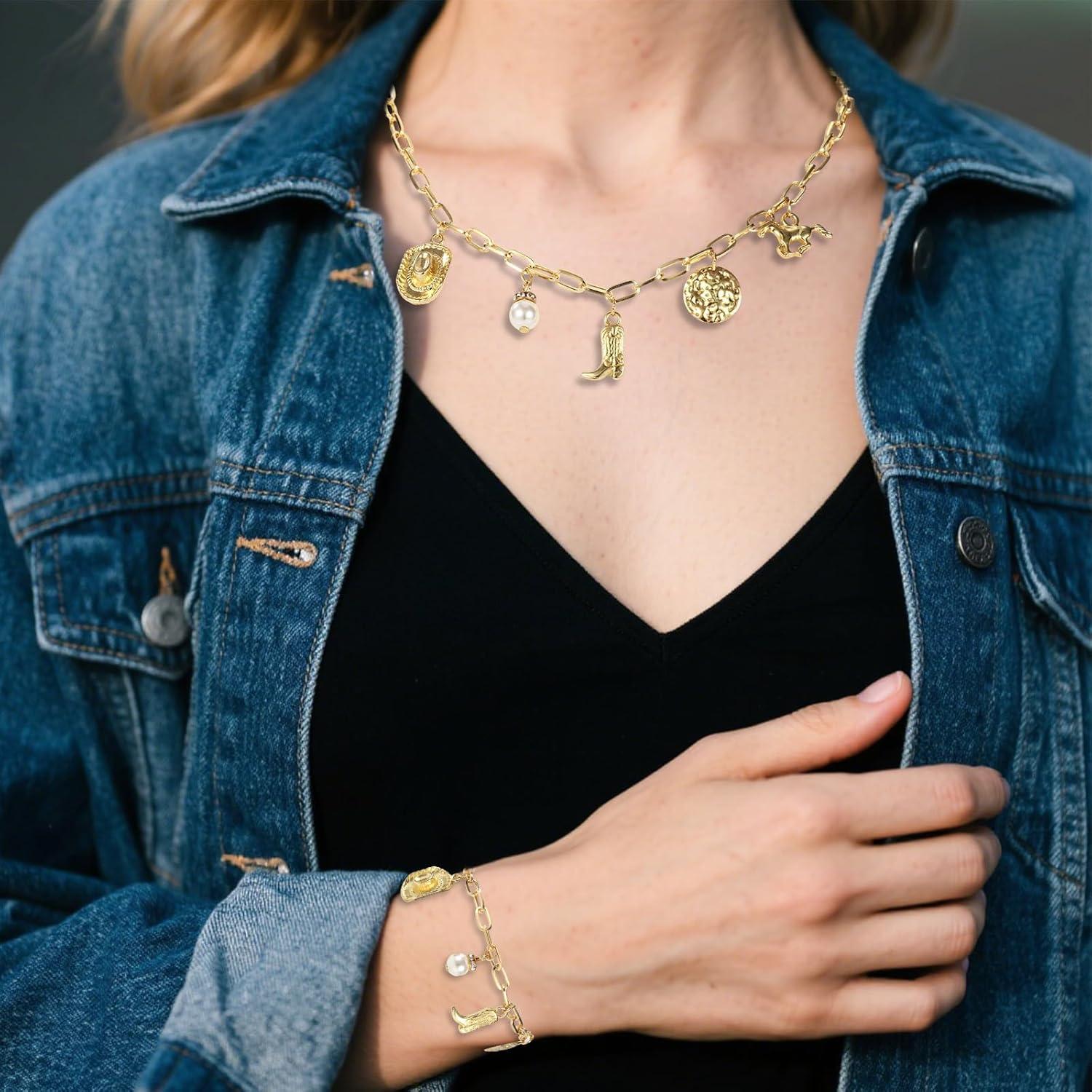 imageCowboy Western Collier ampamp Bracelet Set pour Femmes Or Alliage Collier Pendentif Chapeau Cowboy Botte Tendance Bijoux Thme CowGirl pour Concerts Country Tenues Western