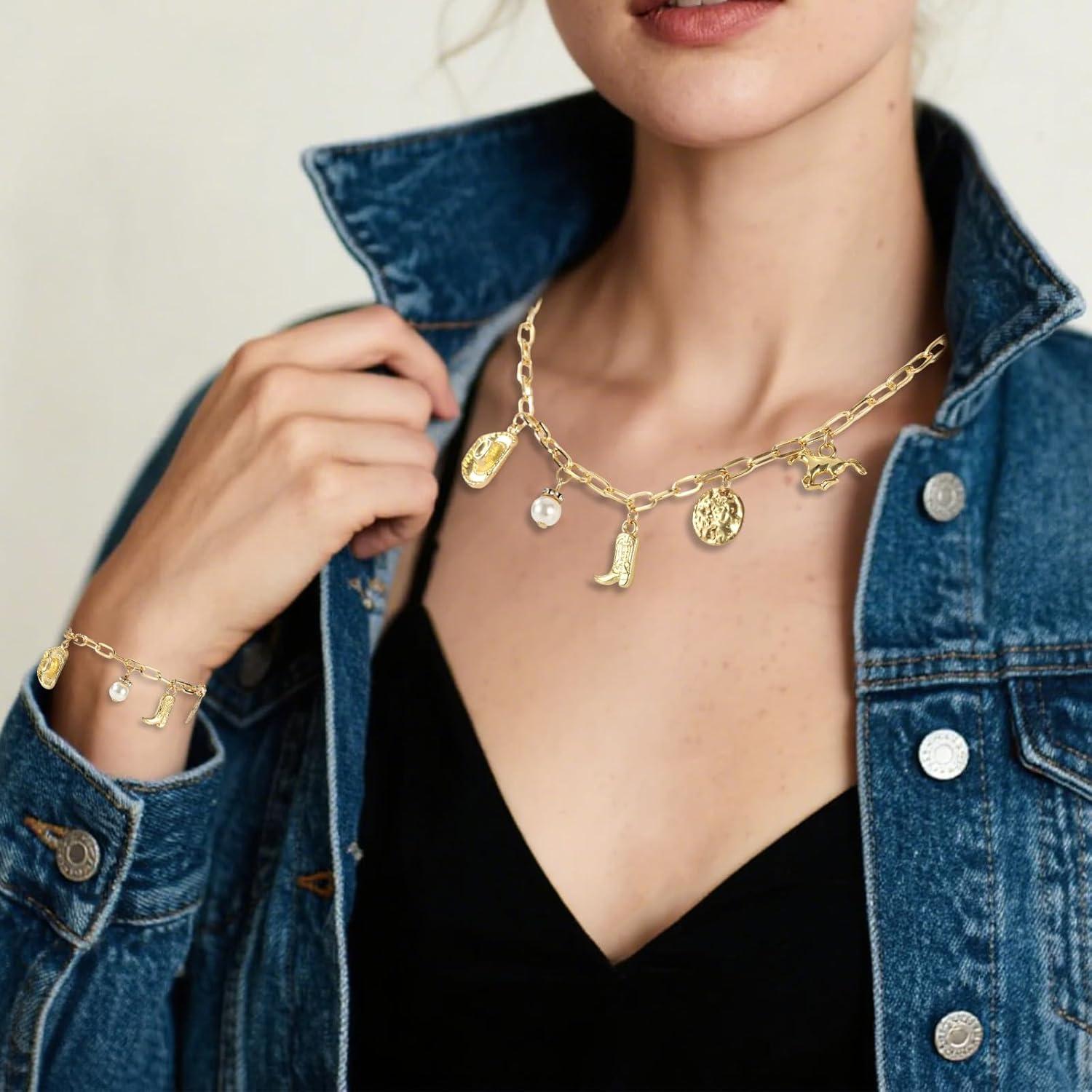 imageCowboy Western Collier ampamp Bracelet Set pour Femmes Or Alliage Collier Pendentif Chapeau Cowboy Botte Tendance Bijoux Thme CowGirl pour Concerts Country Tenues Western