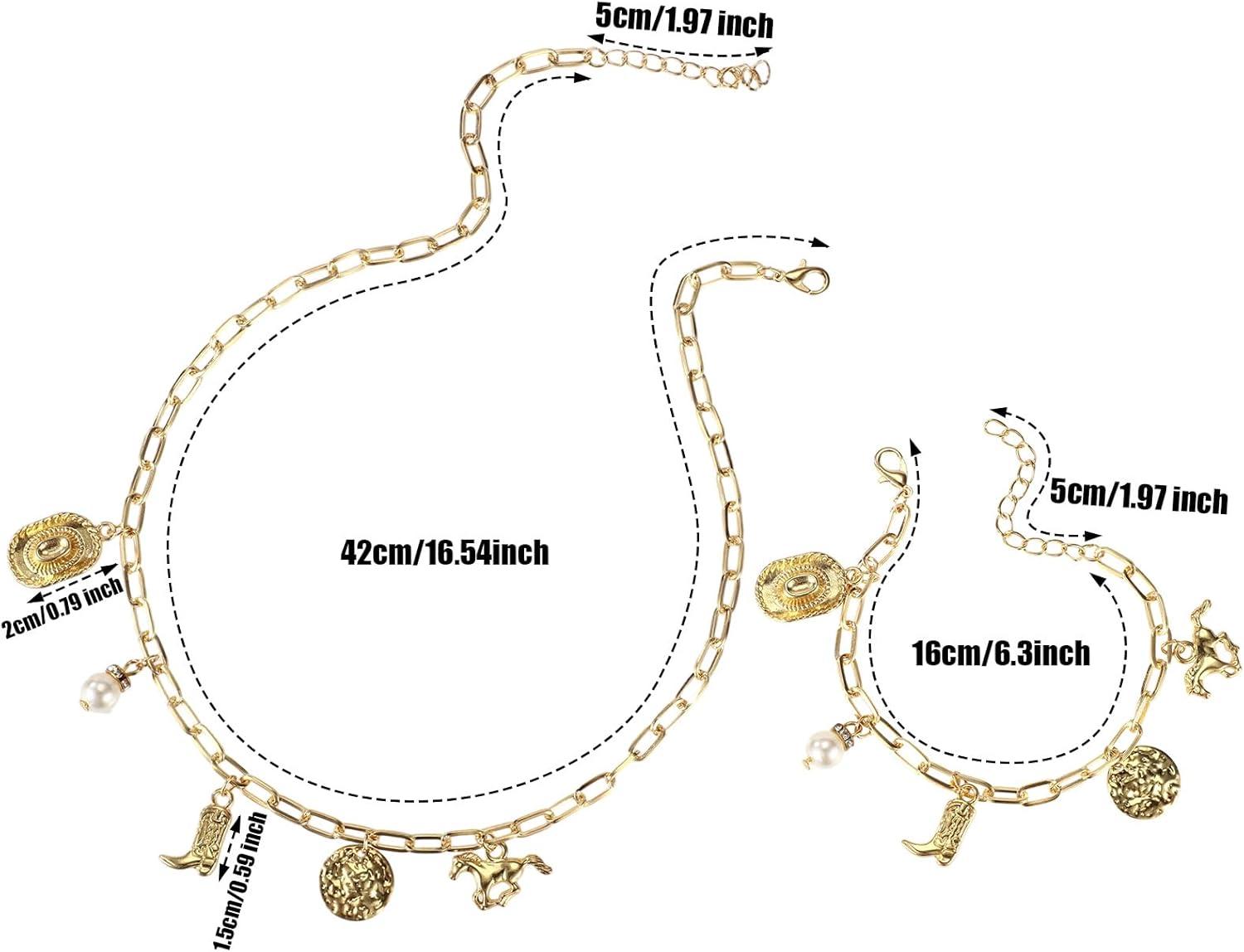 imageCowboy Western Collier ampamp Bracelet Set pour Femmes Or Alliage Collier Pendentif Chapeau Cowboy Botte Tendance Bijoux Thme CowGirl pour Concerts Country Tenues Western