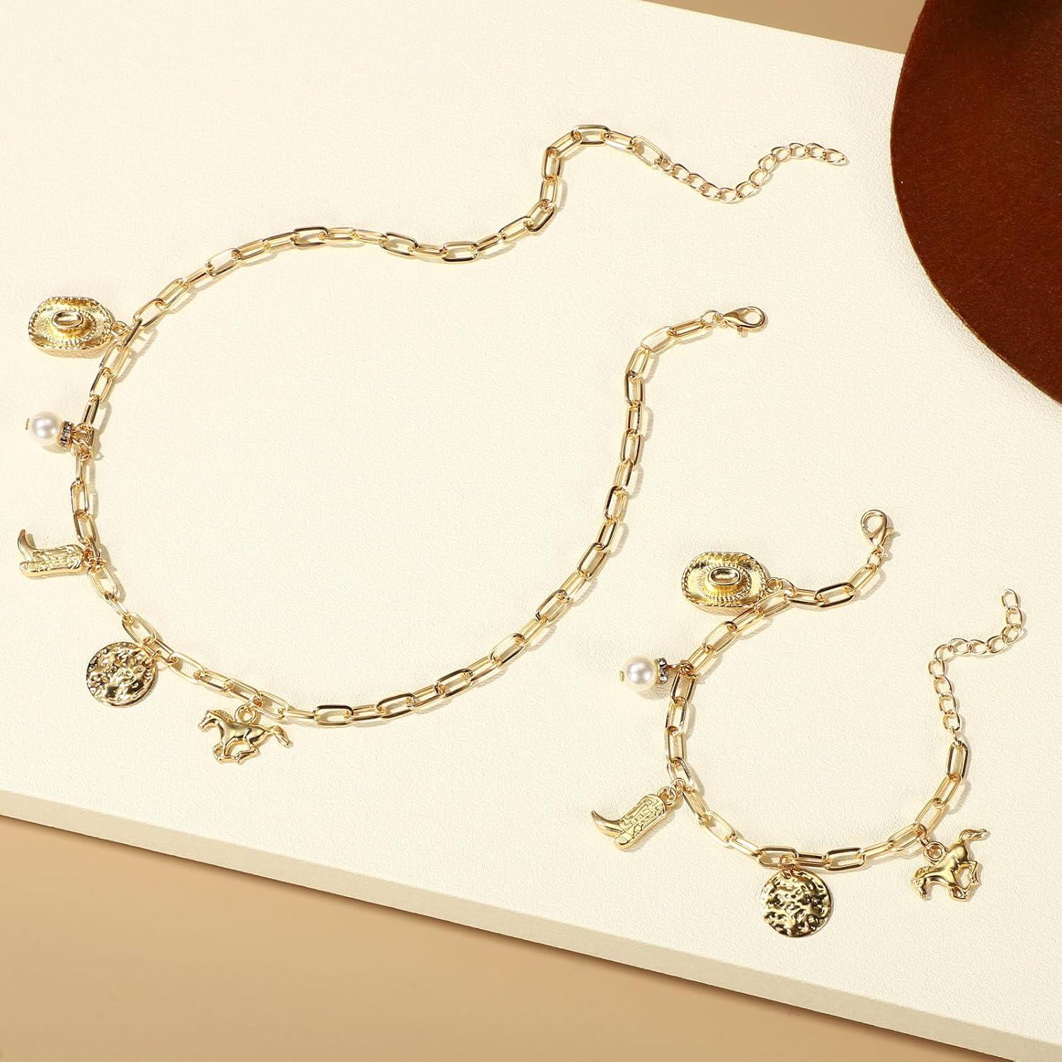 imageCowboy Western Collier ampamp Bracelet Set pour Femmes Or Alliage Collier Pendentif Chapeau Cowboy Botte Tendance Bijoux Thme CowGirl pour Concerts Country Tenues Western