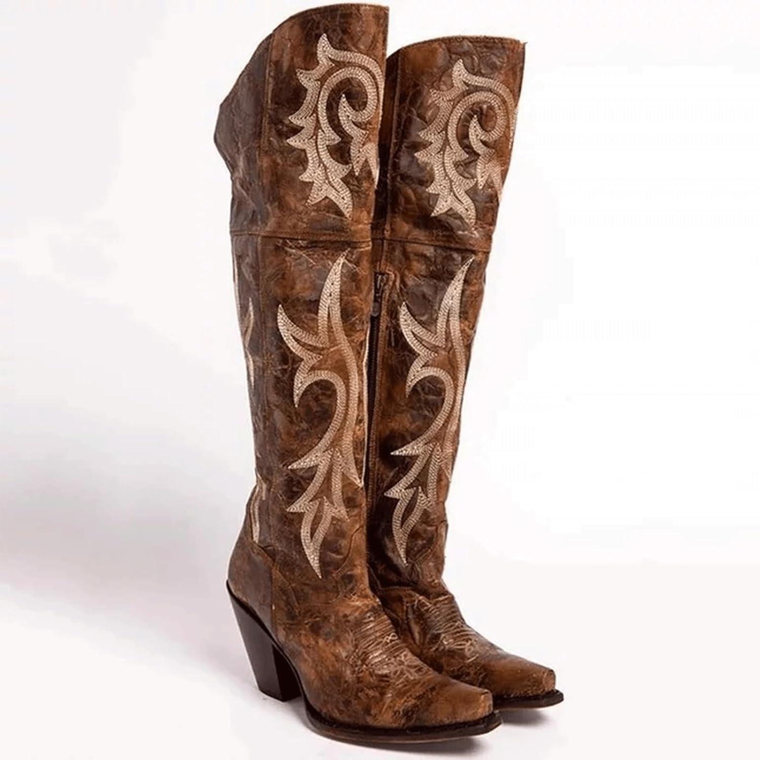 imageFGRID Bottes de Cowboy auDessus du Genou pour Femmes Bottes Western miMollet brodes Bout carr rtro Doublure en Fausse Fourrure Bottes Chevalier en Cuir Vieilli lhiverBrown Marron