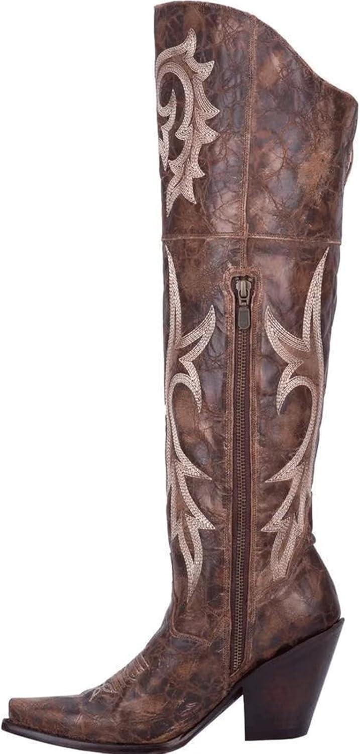imageFGRID Bottes de Cowboy auDessus du Genou pour Femmes Bottes Western miMollet brodes Bout carr rtro Doublure en Fausse Fourrure Bottes Chevalier en Cuir Vieilli lhiverBrown Marron