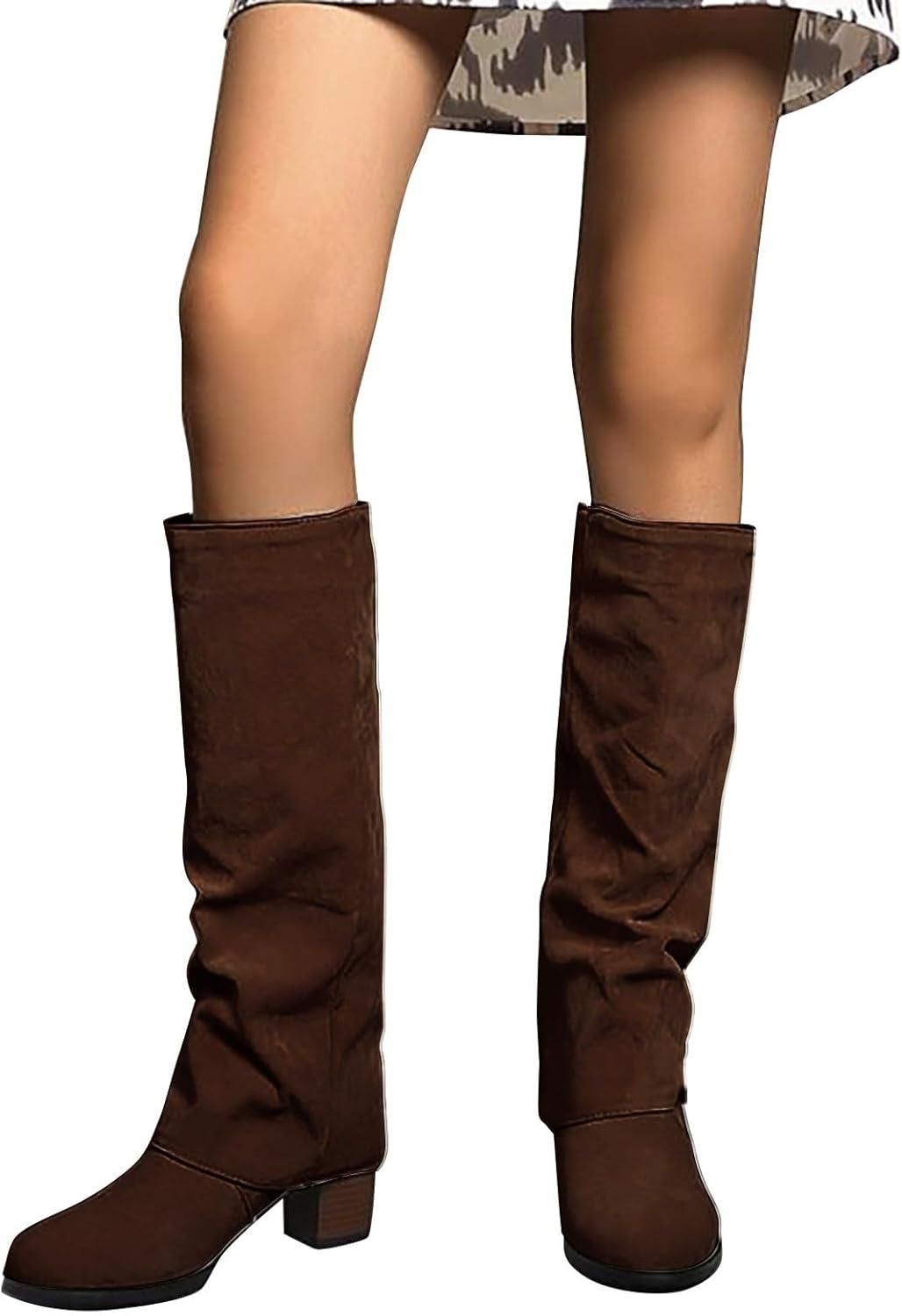 imageGenerisch Bottes hautes pour femme Bottes hautes pliables Avec talon Bottes en cuir Bottes longues pour cavalier Bottes western pointues Bottes hautes pour femmeMarron