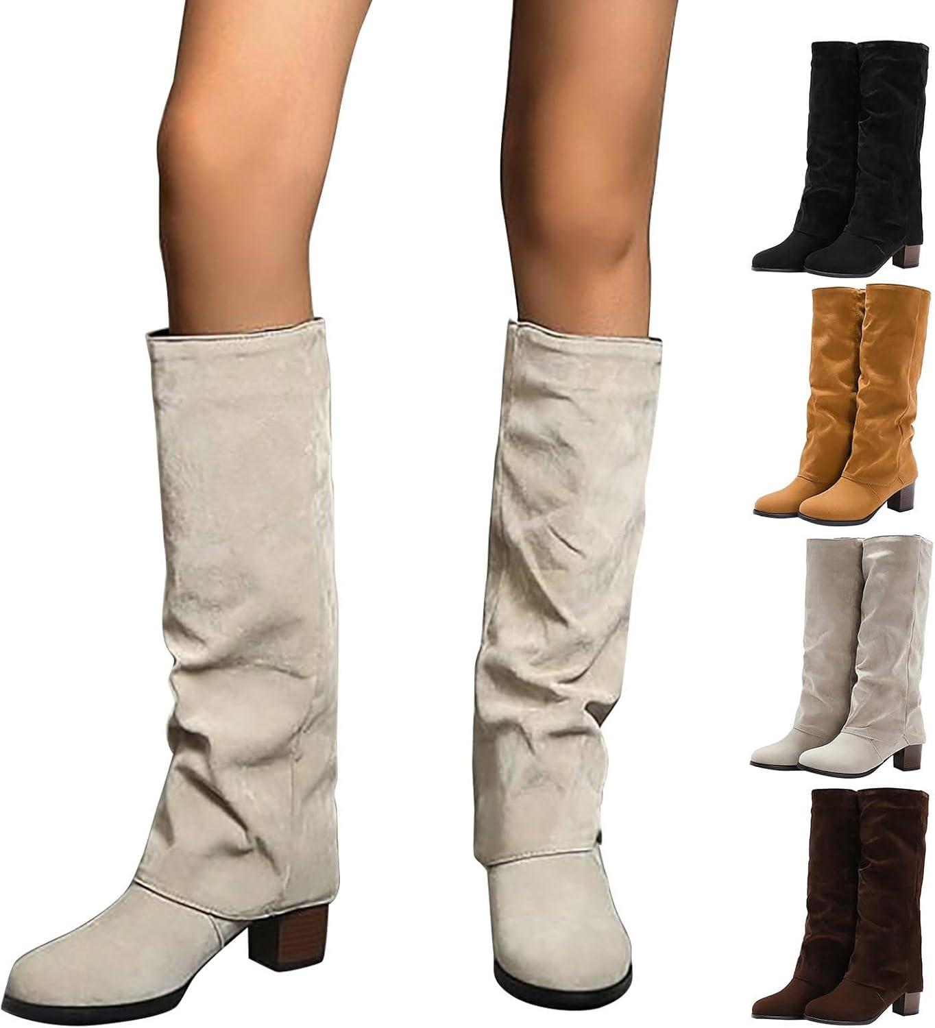 imageGenerisch Bottes hautes pour femme Bottes hautes pliables Avec talon Bottes en cuir Bottes longues pour cavalier Bottes western pointues Bottes hautes pour femmeMarron
