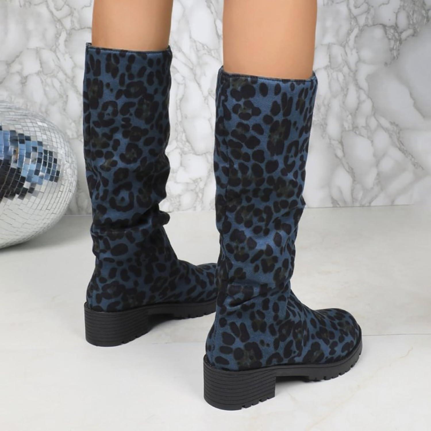 imageGenerisch Vtements dextrieur pour femme bottes hautes grandes tailles pour femme talon pais antidrapant Bottes dhiver avec dentelle au genou Motif lopard Bottes westernBleu Fonc