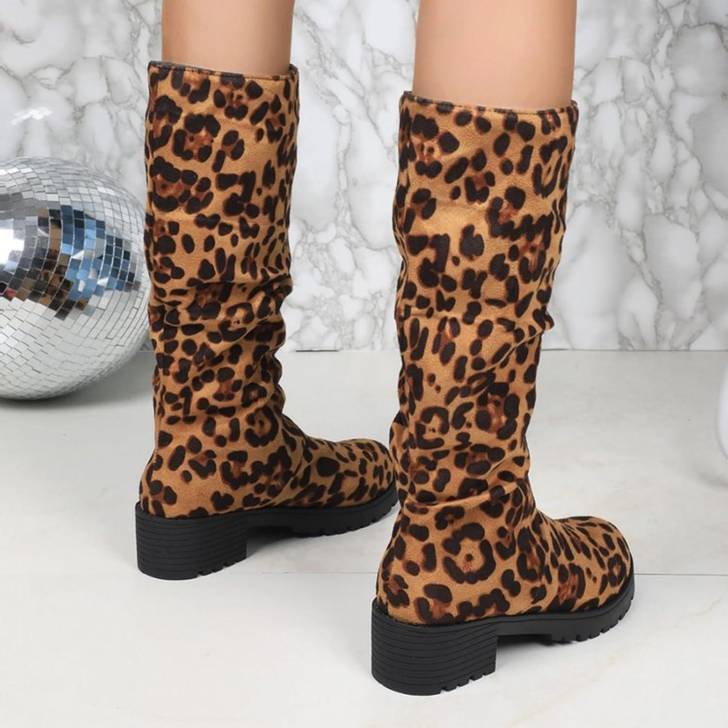 imageGenerisch Vtements dextrieur pour femme bottes hautes grandes tailles pour femme talon pais antidrapant Bottes dhiver avec dentelle au genou Motif lopard Bottes westernOr