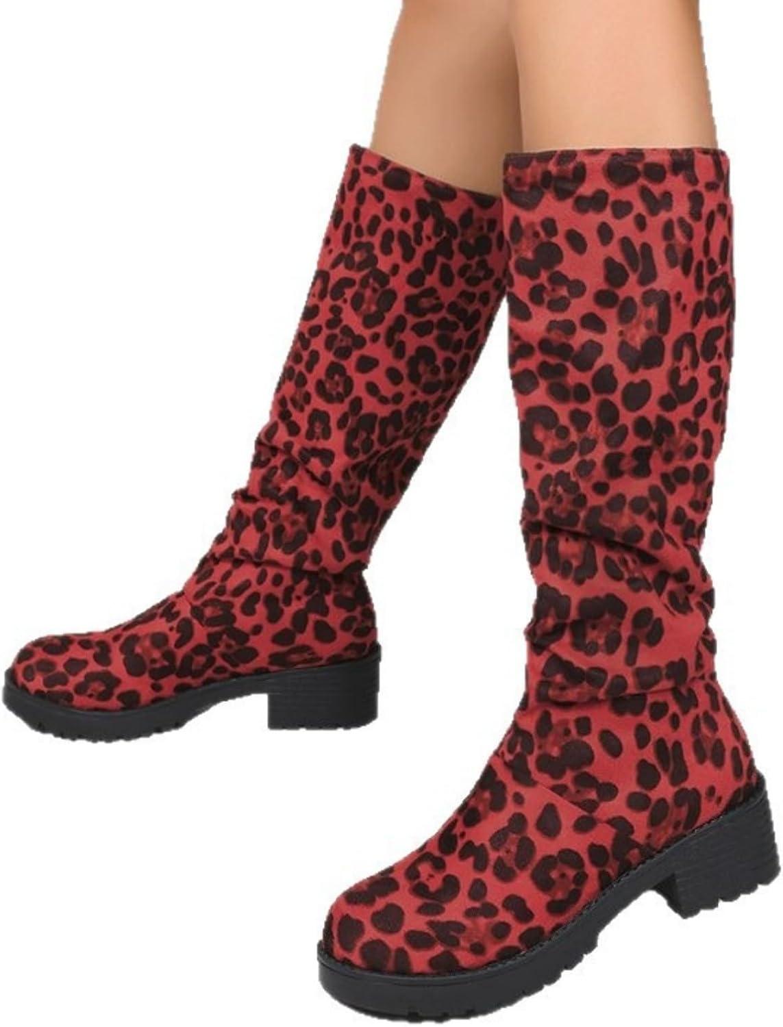 imageGenerisch Vtements dextrieur pour femme bottes hautes grandes tailles pour femme talon pais antidrapant Bottes dhiver avec dentelle au genou Motif lopard Bottes westernRose