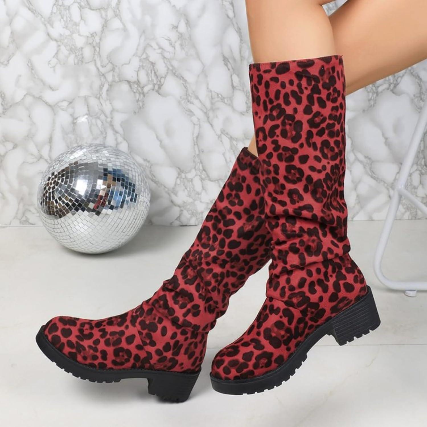 imageGenerisch Vtements dextrieur pour femme bottes hautes grandes tailles pour femme talon pais antidrapant Bottes dhiver avec dentelle au genou Motif lopard Bottes westernRose