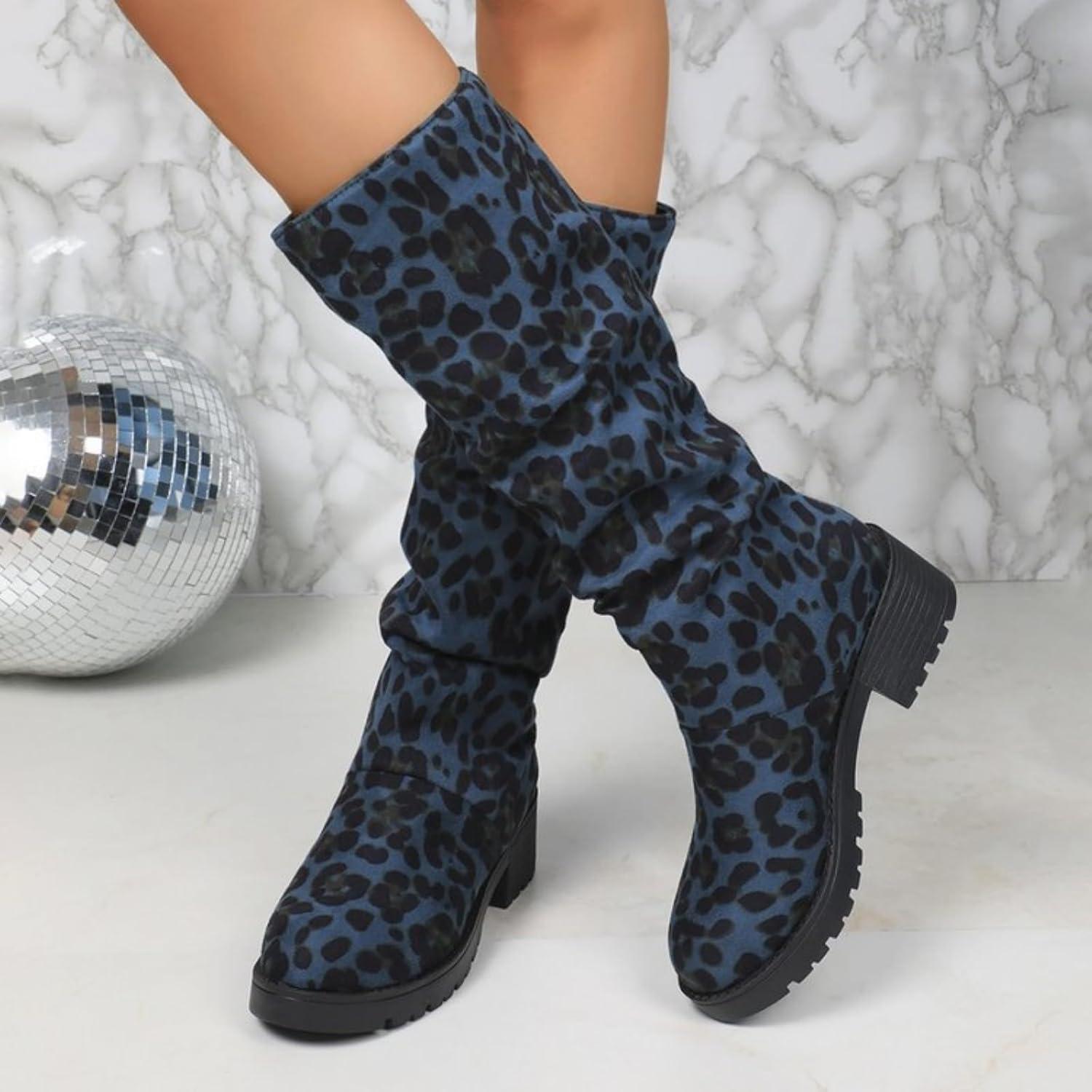 imageGenerisch Vtements dextrieur pour femme bottes hautes grandes tailles pour femme talon pais antidrapant Bottes dhiver avec dentelle au genou Motif lopard Bottes westernBleu Fonc
