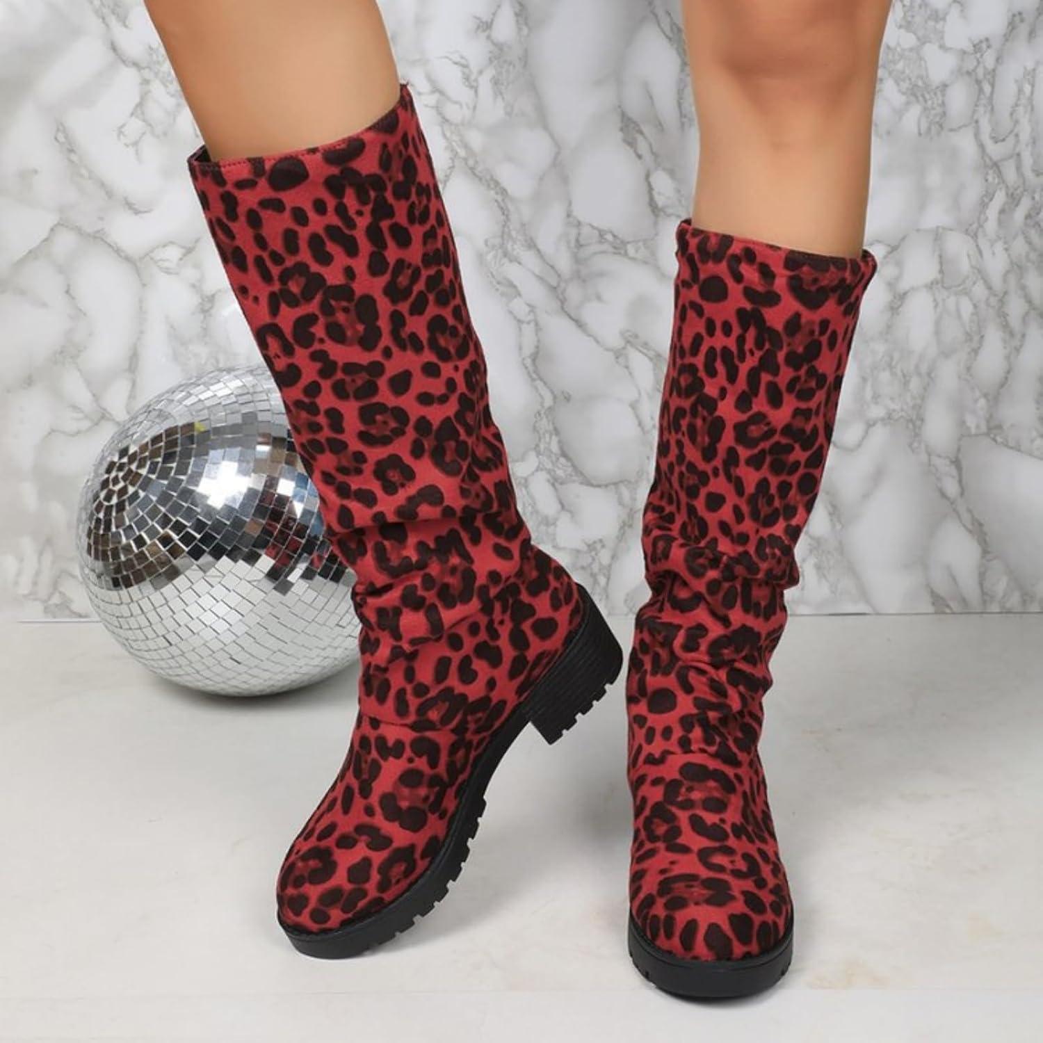 imageGenerisch Vtements dextrieur pour femme bottes hautes grandes tailles pour femme talon pais antidrapant Bottes dhiver avec dentelle au genou Motif lopard Bottes westernRose