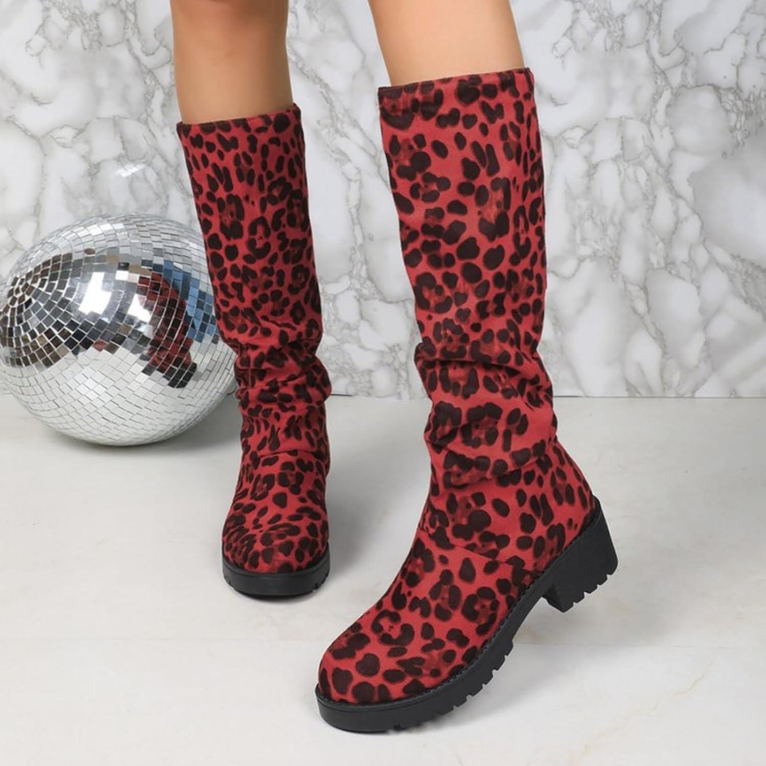 imageGenerisch Vtements dextrieur pour femme bottes hautes grandes tailles pour femme talon pais antidrapant Bottes dhiver avec dentelle au genou Motif lopard Bottes westernRose