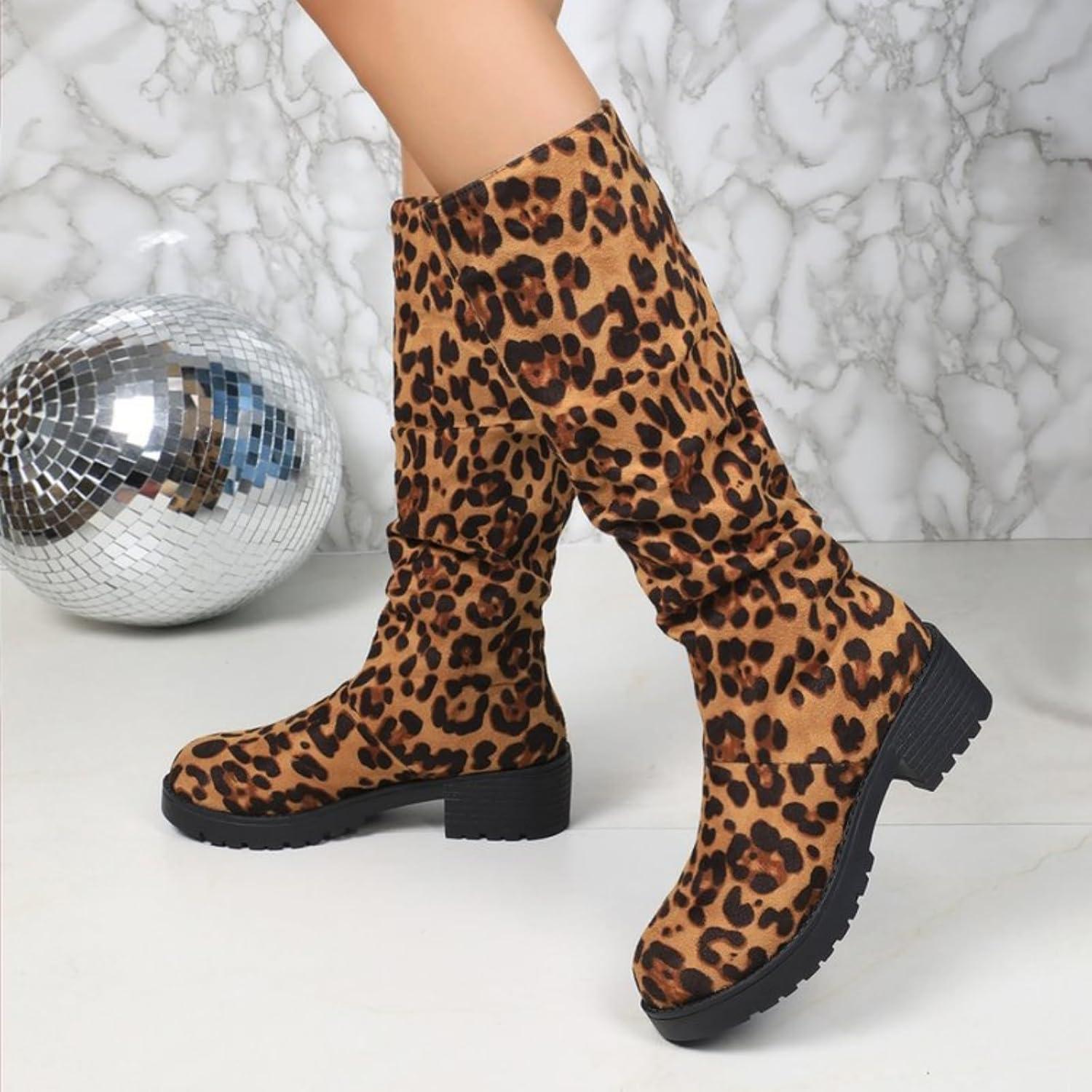 imageGenerisch Vtements dextrieur pour femme bottes hautes grandes tailles pour femme talon pais antidrapant Bottes dhiver avec dentelle au genou Motif lopard Bottes westernOr