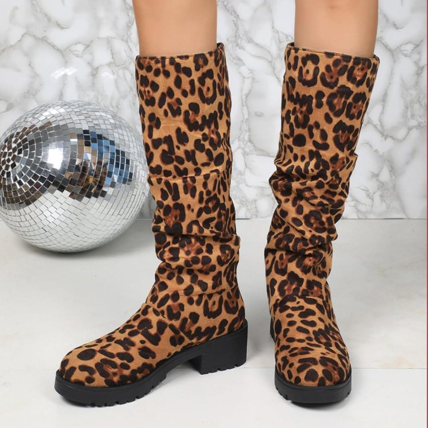 imageGenerisch Vtements dextrieur pour femme bottes hautes grandes tailles pour femme talon pais antidrapant Bottes dhiver avec dentelle au genou Motif lopard Bottes westernOr