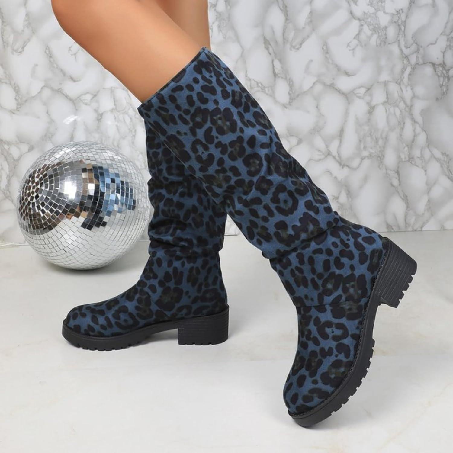 imageGenerisch Vtements dextrieur pour femme bottes hautes grandes tailles pour femme talon pais antidrapant Bottes dhiver avec dentelle au genou Motif lopard Bottes westernBleu Fonc