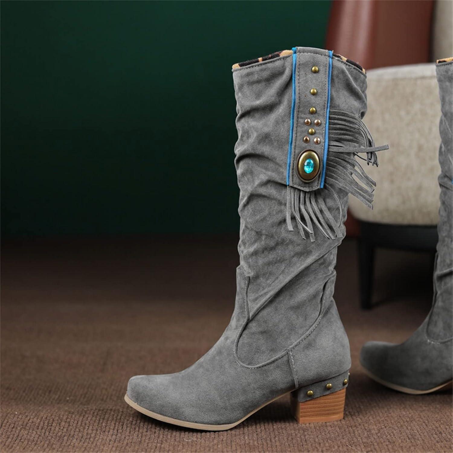 imageSantiags Botte Cuissarde Femme Bottes Longues pour Femme Botte Haute Chaussure A Talon Bottes Country en Cuir Equitation WesternGris