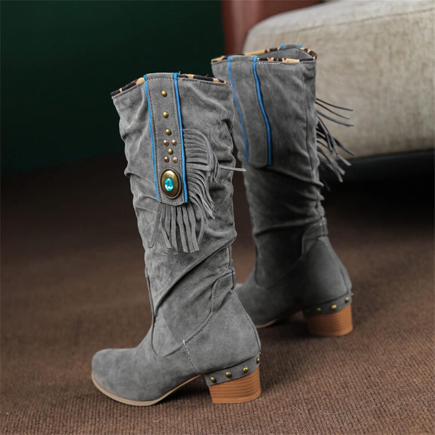 imageSantiags Botte Cuissarde Femme Bottes Longues pour Femme Botte Haute Chaussure A Talon Bottes Country en Cuir Equitation WesternGris