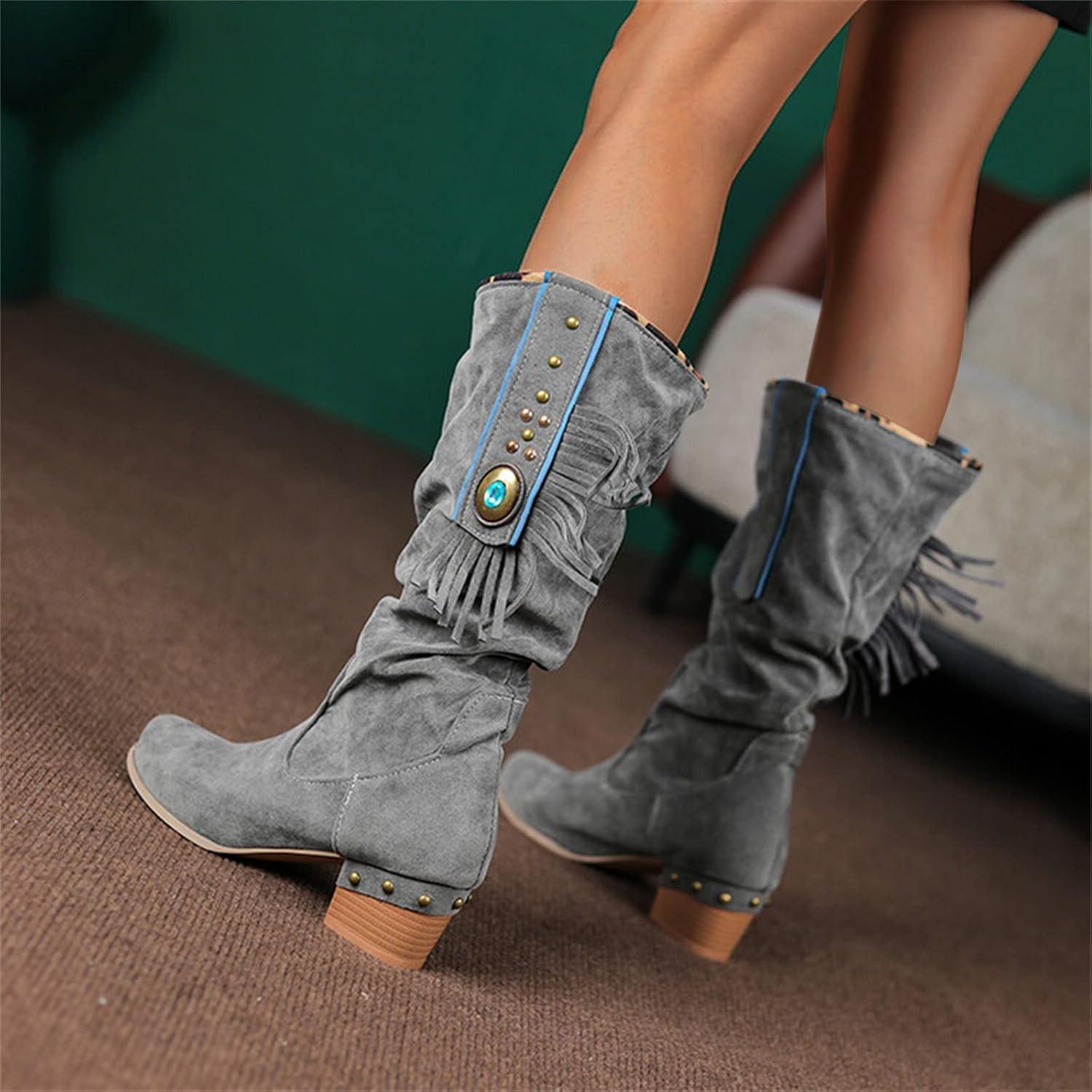 imageSantiags Botte Cuissarde Femme Bottes Longues pour Femme Botte Haute Chaussure A Talon Bottes Country en Cuir Equitation WesternGris