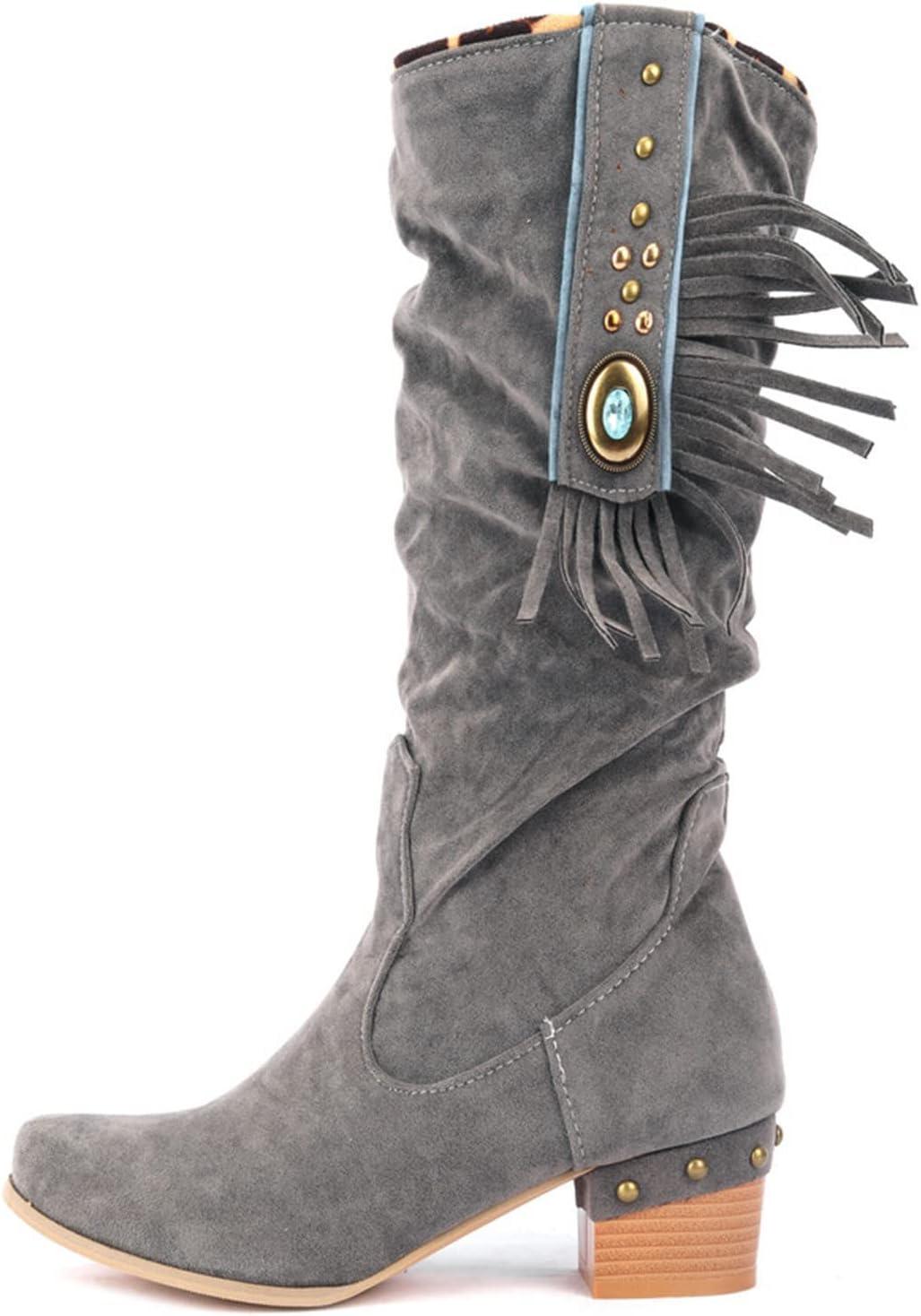 imageSantiags Botte Cuissarde Femme Bottes Longues pour Femme Botte Haute Chaussure A Talon Bottes Country en Cuir Equitation WesternGris