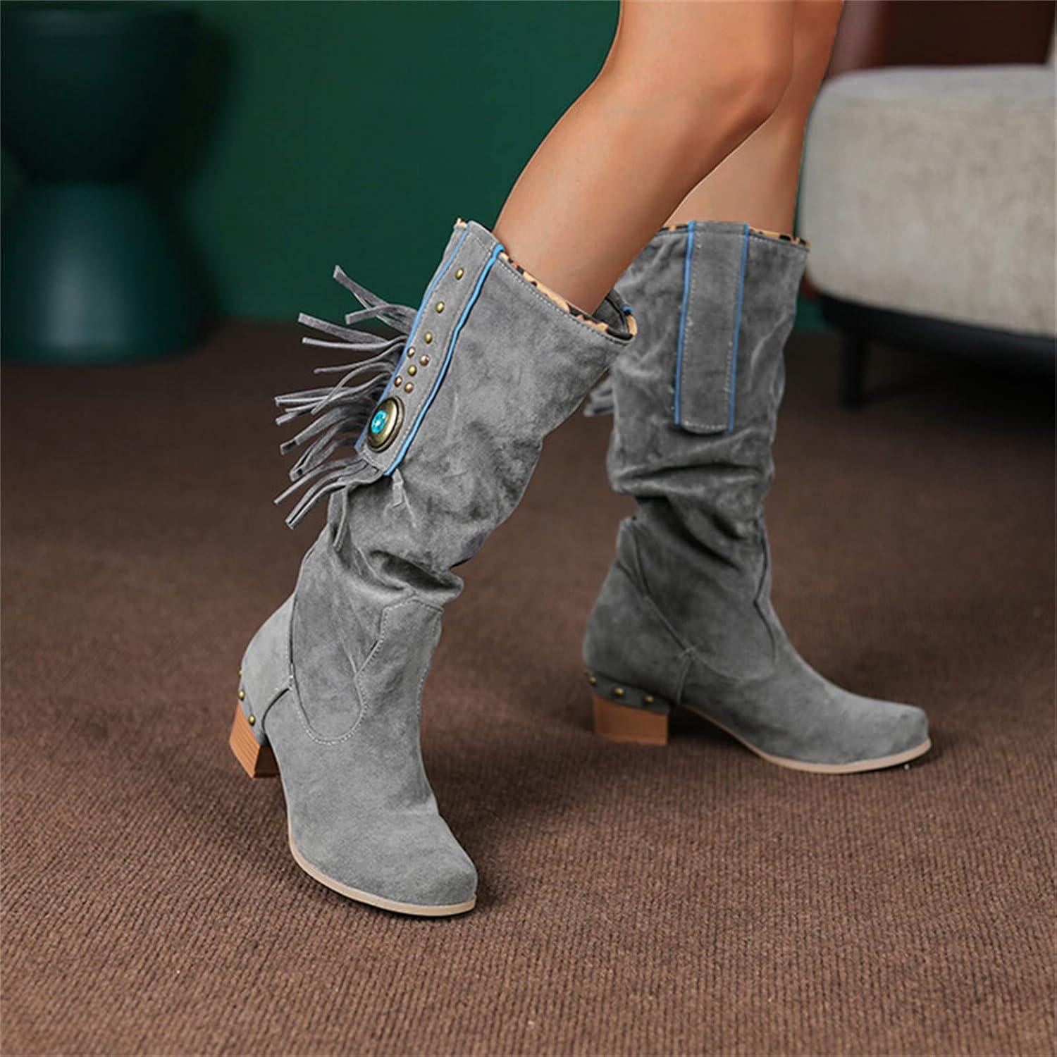 imageSantiags Botte Cuissarde Femme Bottes Longues pour Femme Botte Haute Chaussure A Talon Bottes Country en Cuir Equitation WesternGris