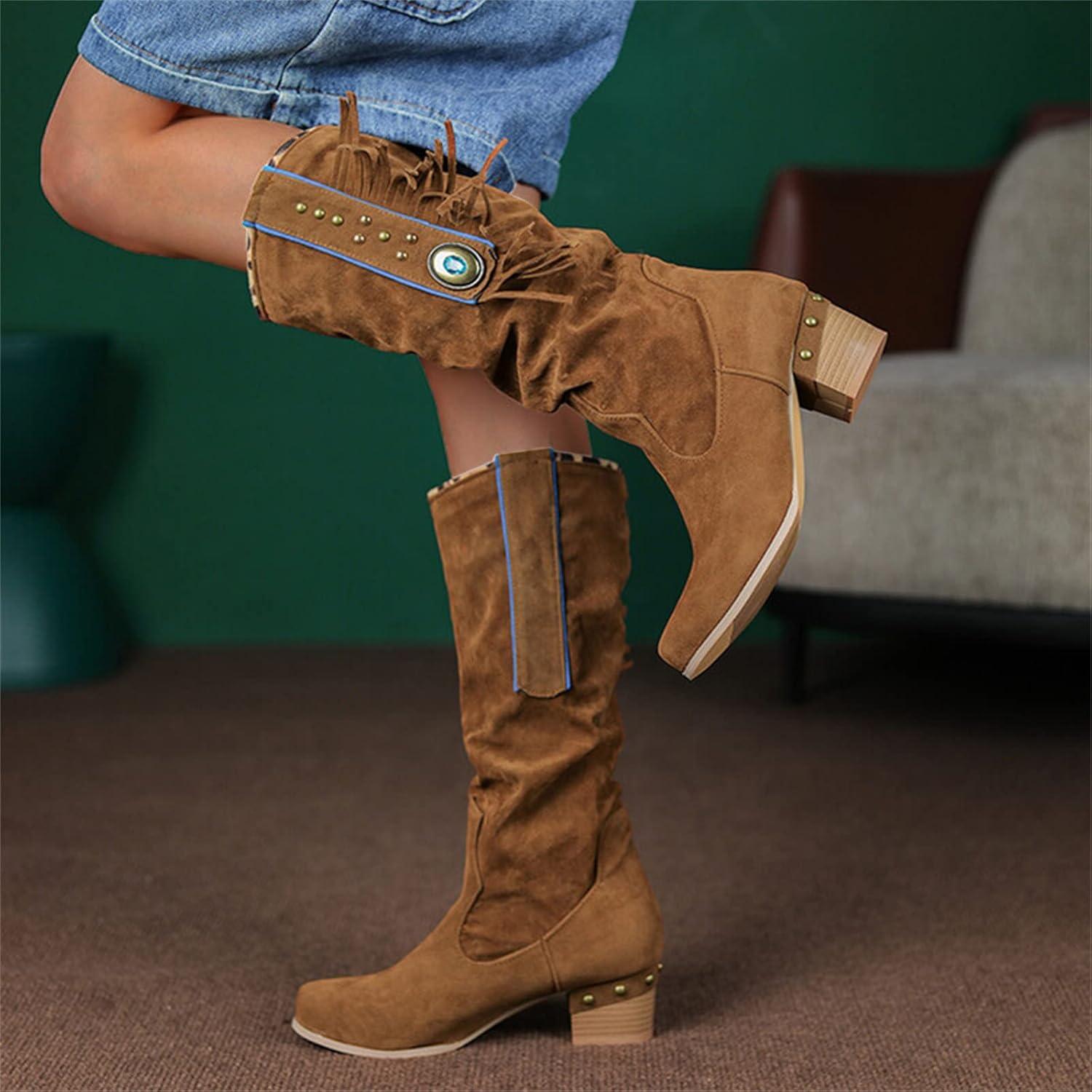 imageSantiags Botte Cuissarde Femme Bottes Longues pour Femme Botte Haute Chaussure A Talon Bottes Country en Cuir Equitation WesternMarron