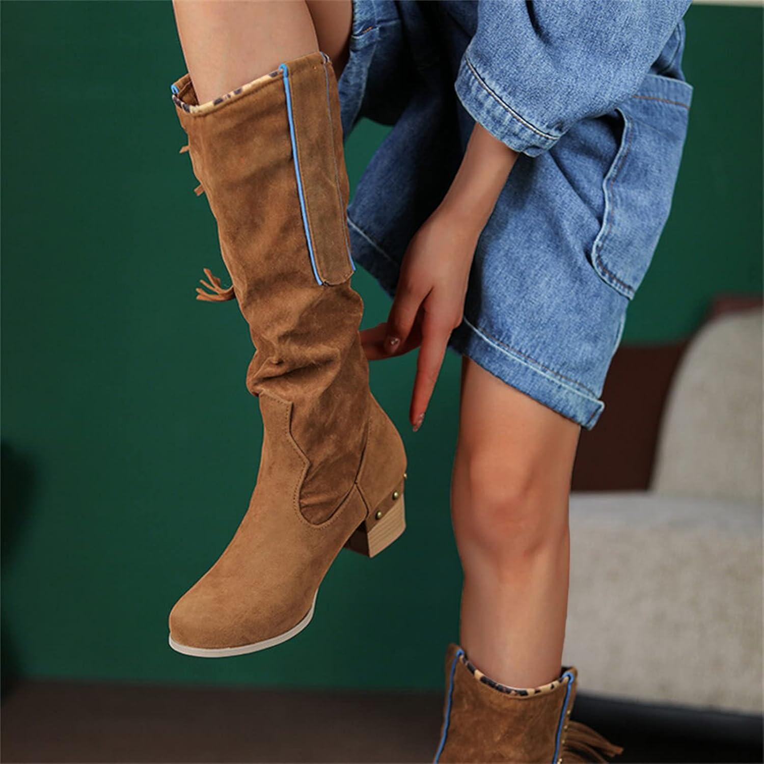 imageSantiags Botte Cuissarde Femme Bottes Longues pour Femme Botte Haute Chaussure A Talon Bottes Country en Cuir Equitation WesternMarron
