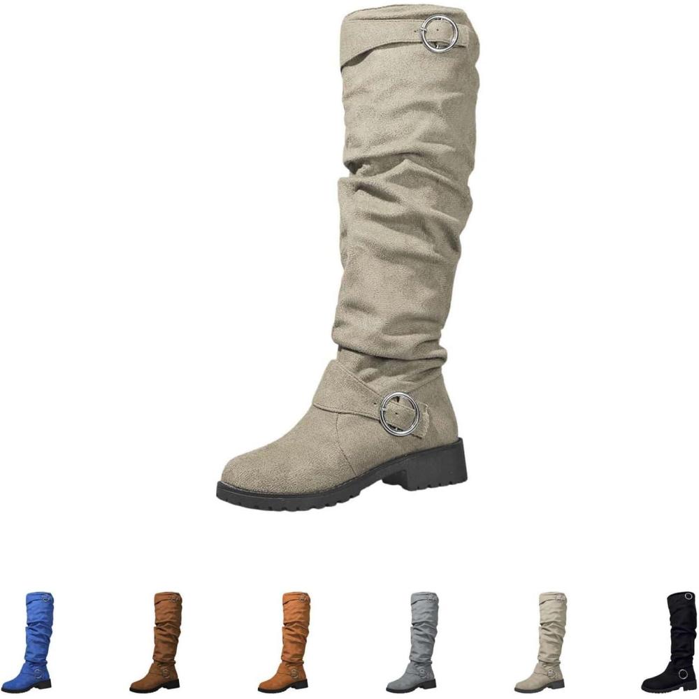 imageBottes de cowboy pour femme en daim Bottes hautes pour femme Bottes western plateforme avec boucle Bottes longues enfiler Bottes dquitation rtro Talon bloc Semelle profile BottesBeige