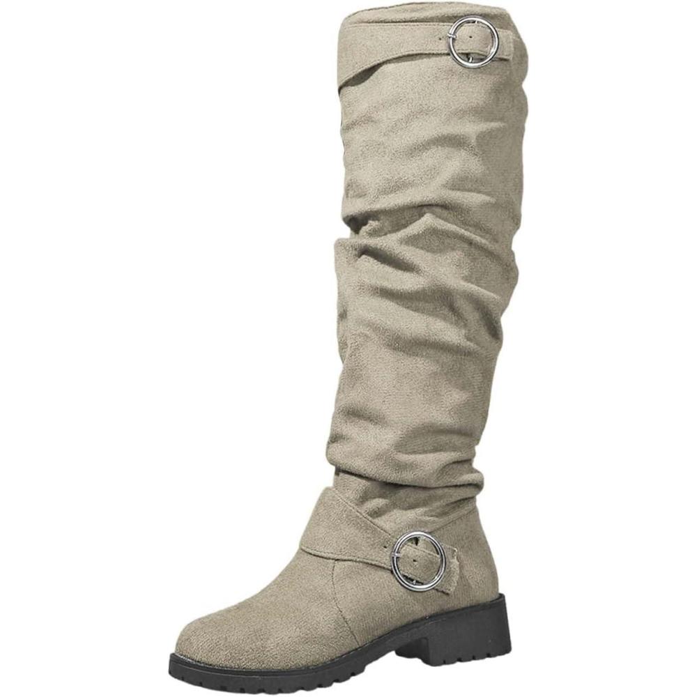 imageBottes montantes pour femme Bottes larges Bottes de cowboy en daim Bottes longues avec boucle Bottes dquitation rondes Bottes western Bottes enfiler pour femmeBeige