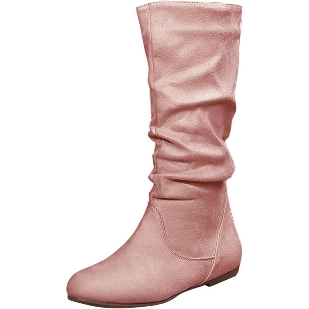 imageBottes tendance en daim pour femmes Bottes de cowboy pour femmes en couleur unie avec plis Style britannique Bottes moyennes semelle plate Chaussures lgantes Bottes western Bottes dhiverRose