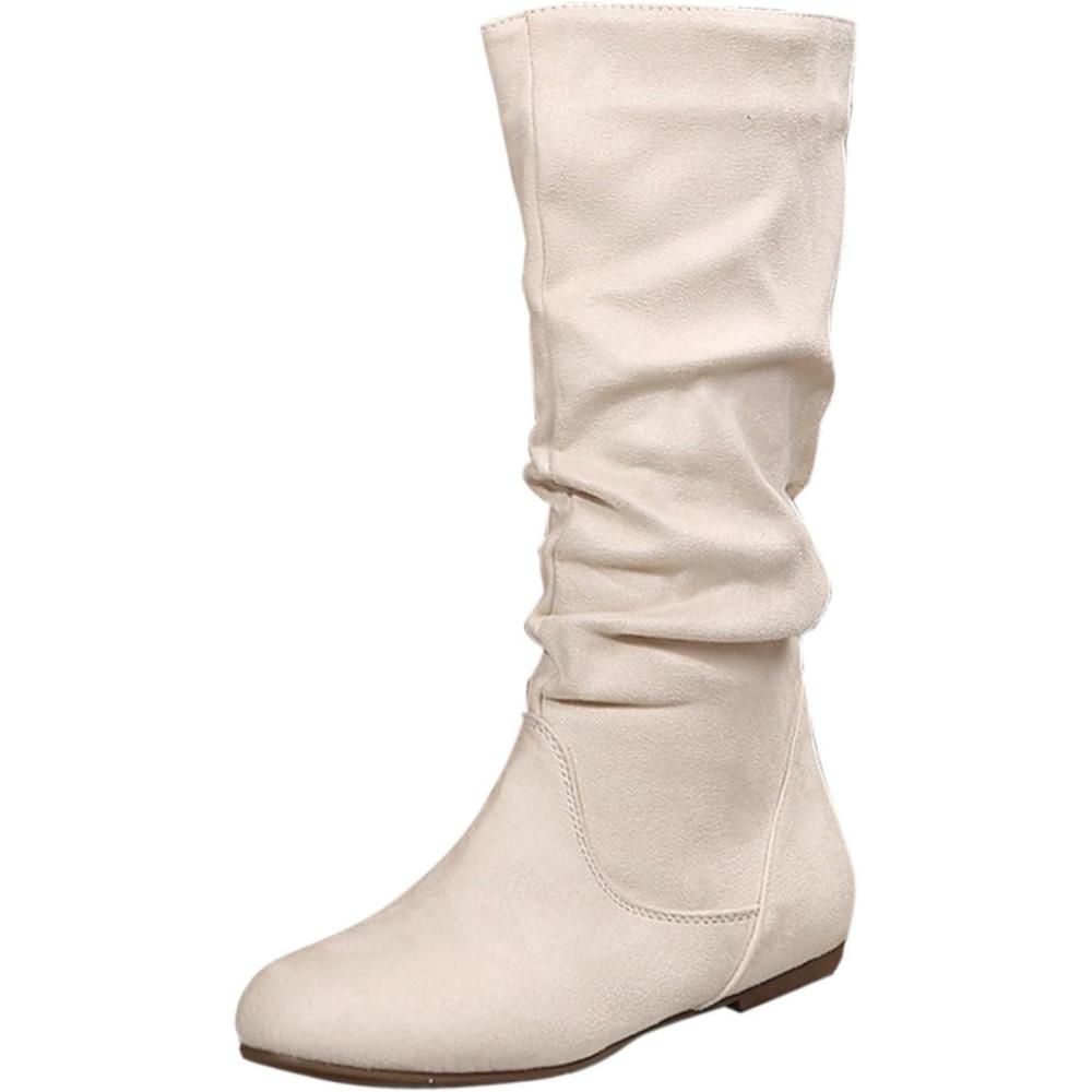 imageBottes tendance en daim pour femmes Bottes de cowboy pour femmes en couleur unie avec plis Style britannique Bottes moyennes semelle plate Chaussures lgantes Bottes western Bottes dhiverBlanc