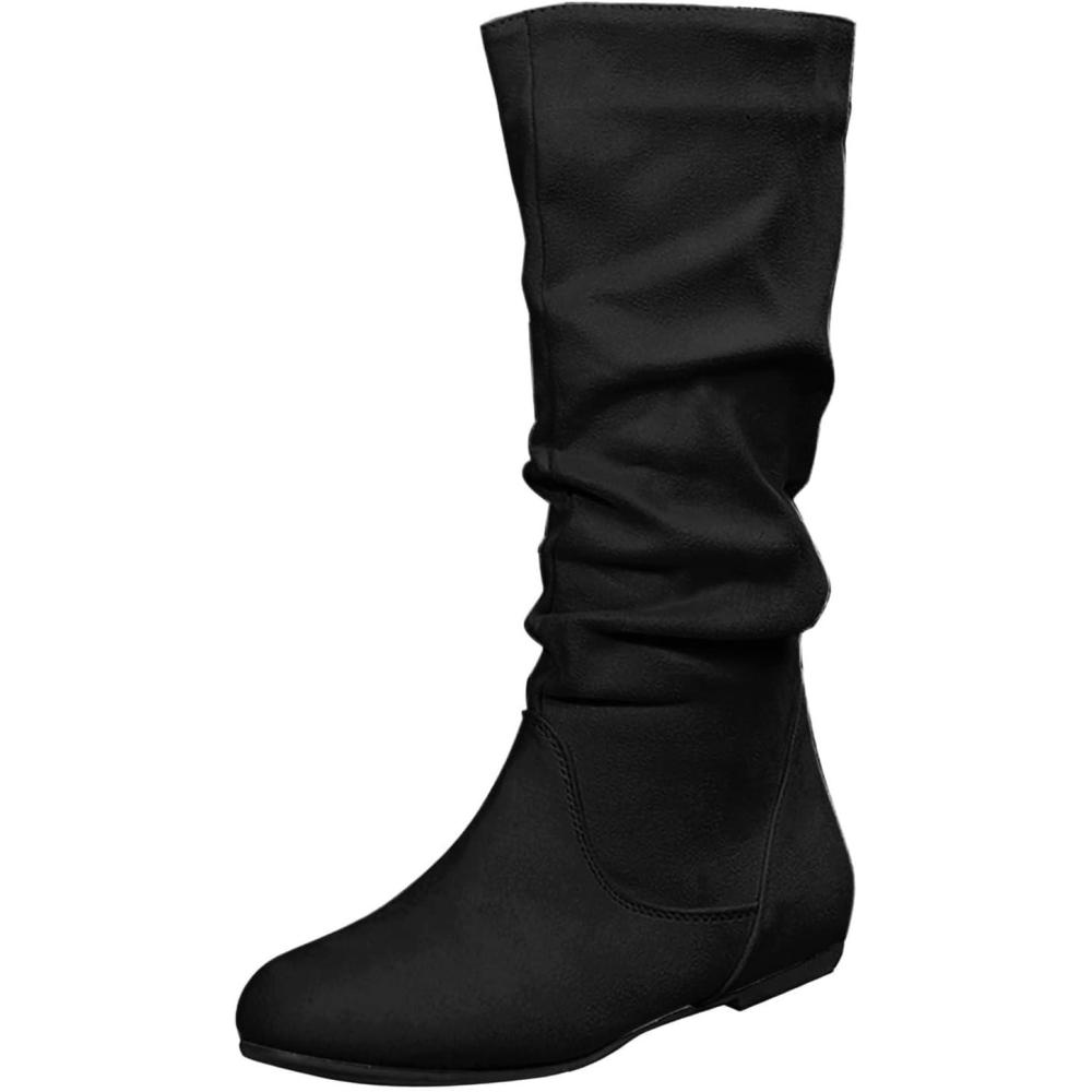 imageBottes tendance en daim pour femmes Bottes de cowboy pour femmes en couleur unie avec plis Style britannique Bottes moyennes semelle plate Chaussures lgantes Bottes western Bottes dhiverNoir