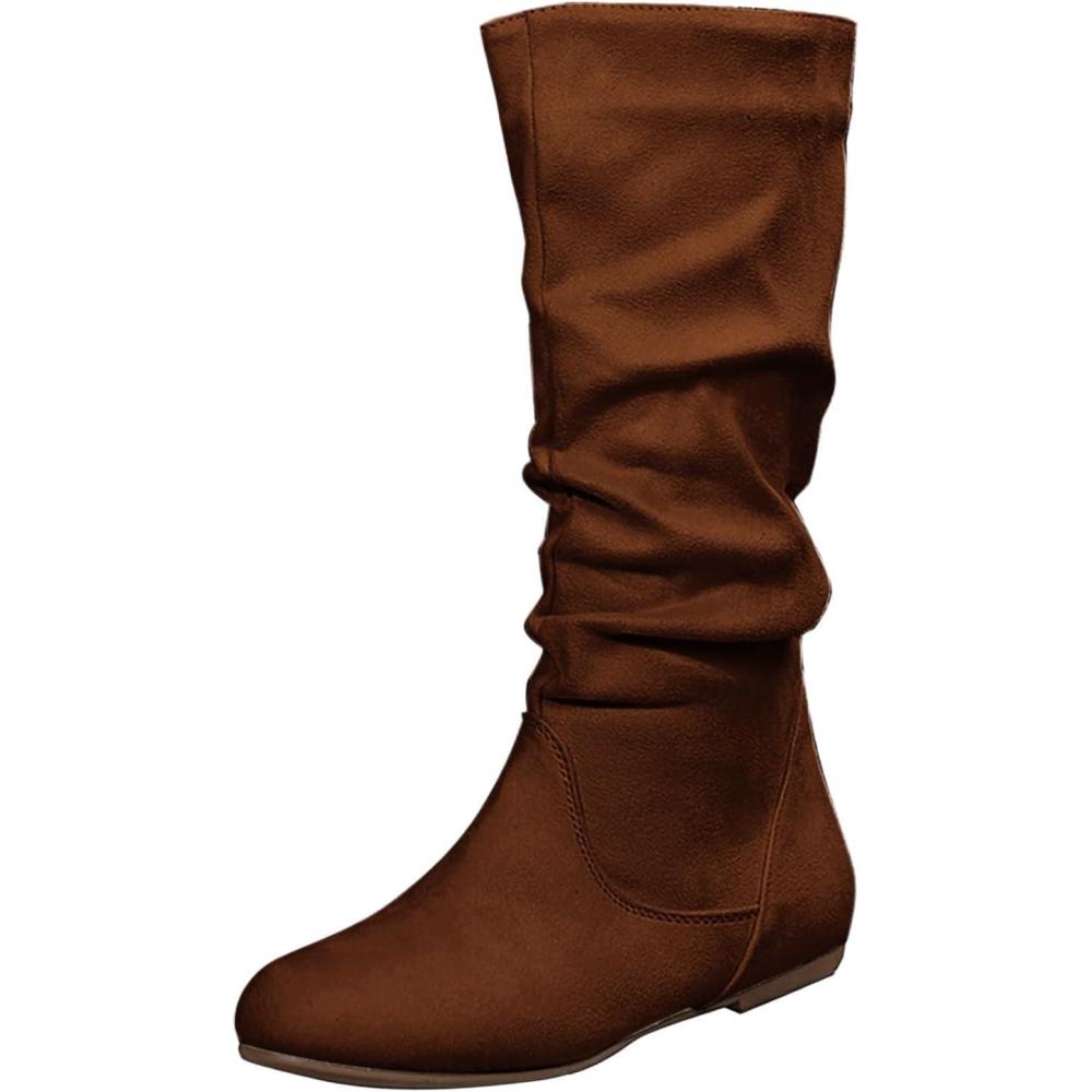 imageBottes tendance en daim pour femmes Bottes de cowboy pour femmes en couleur unie avec plis Style britannique Bottes moyennes semelle plate Chaussures lgantes Bottes western Bottes dhiverCaf