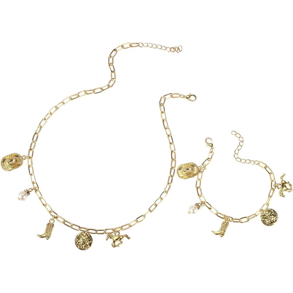 imageCowboy Western Collier ampamp Bracelet Set pour Femmes Or Alliage Collier Pendentif Chapeau Cowboy Botte Tendance Bijoux Thme CowGirl pour Concerts Country Tenues Western