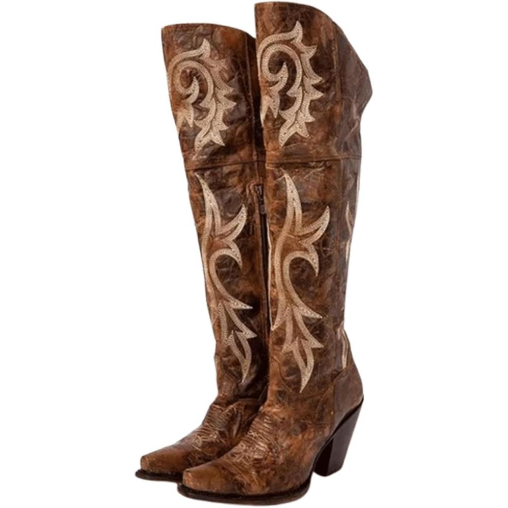 imageFGRID Bottes de Cowboy auDessus du Genou pour Femmes Bottes Western miMollet brodes Bout carr rtro Doublure en Fausse Fourrure Bottes Chevalier en Cuir Vieilli lhiverBrown Marron
