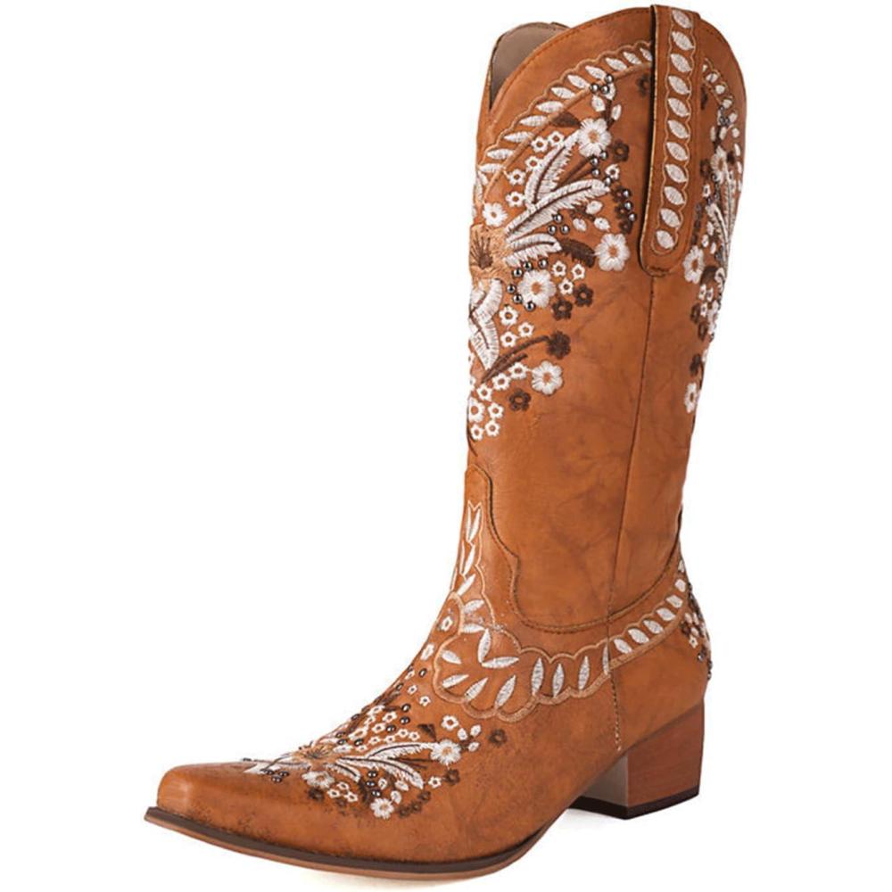 imageFGRID Bottes de Cowboy pour Femmes Bout Pointu Bottes Western Bout carr la Mode avec Broderie Florale Bottes miMollet vieillies Talon Bloc dhiverBrown Marron