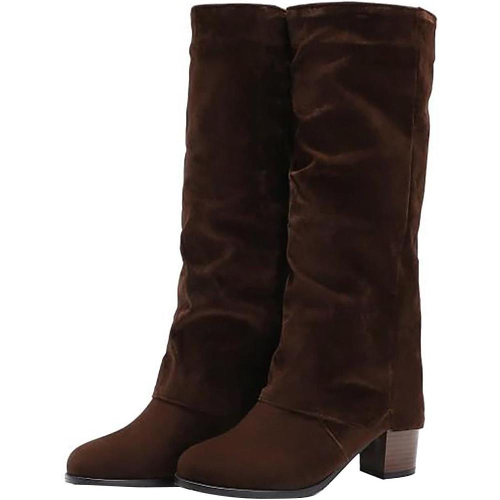 imageGenerisch Bottes hautes pour femme Bottes hautes pliables Avec talon Bottes en cuir Bottes longues pour cavalier Bottes western pointues Bottes hautes pour femmeMarron