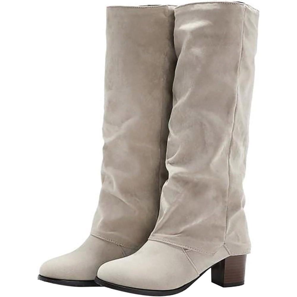 imageGenerisch Bottes hautes pour femme Bottes hautes pliables Avec talon Bottes en cuir Bottes longues pour cavalier Bottes western pointues Bottes hautes pour femmeBlanc