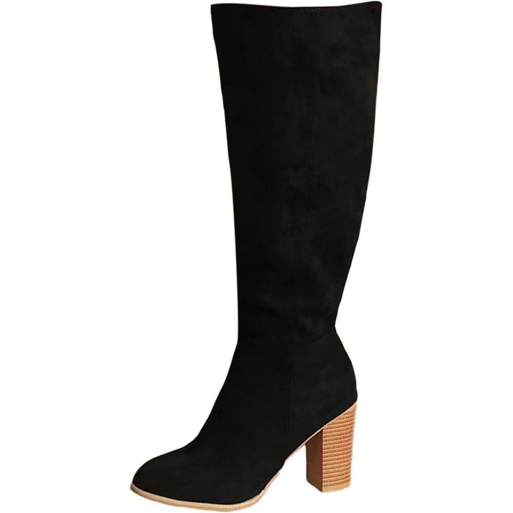 imageGenerisch Bottines Femme Casual Rtro Couleur Unie Fermeture clair Latrale Talon Bloc Talon Grande Taille Bottes Western Bottes GenouxNoir